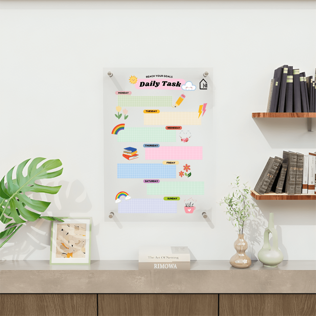 Acrylic Daily Task Planner Board – Rainbow Theme Dry Erase Schedule Organizer | Kids & Home Study Wall Board | Monday to Sunday Layout - Memories InsiteRAINBOW WEEKLY PLANNER II